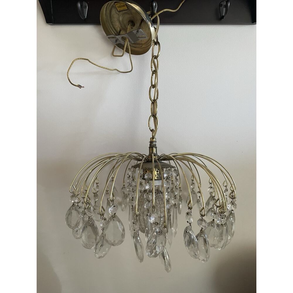 Luminaire Gold Brass Crystal Waterfall Chandelier Vintage MCM Hollywood Regency